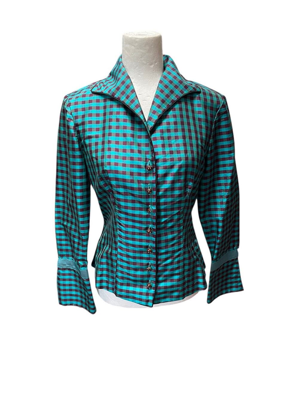 Marisa Baratelli 100% Thai Silk Evening Jacket Size 4 Teal Wine Check Print